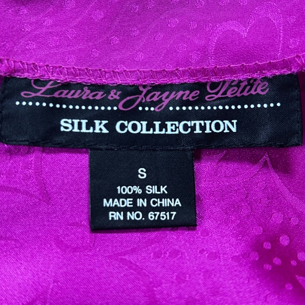 Laura & Jayne Petite Magenta 100% Silk Floral Jacquard Short Sleeve Blouse S - Picture 5 of 6